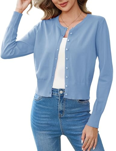 Aottori Bolero Donna Corto a Maniche Lunghe Cardigan con Bottoni Elegante Giacca in Maglia Collo Tondo Casual per Primavera Autunno Blu S