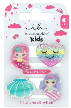 invisibobble CLIPSTAR KIDS Mermaid Dreams (4 Stück) – Glitzer Haarspangen Set für Mädchen – Mit Meerjungfrau & Herzen – Kinder Haarspange für dünnes Haar – Stylisch, verspielt & haarschonend