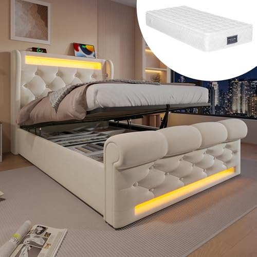 RIAZOS Polsterbett 90x200 cm, Einzelbett mit LED-Leuchten, Kopfteil mit USB- und Typ-C-Anschlüssen, Hydraulisches Stauraumbett, für Jugendliche und Erwachsene, Samt, Beige (mit Matratze)