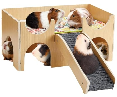 Meerschweinchen Haus aus Holz mit Rampe und Matten, Versteck für Zwerg Hamster Rennmäuse, Spielzeug Zubehör Meerschweinchen gehege innen, Kleine Haustiere Spielzeug Zubehoer Abnehmbares Haus (Grau)