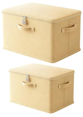 2 Pack Lockable Storage Box, Foldable Fabric Storage Box with Zipper Lid Combination Lock, Secure Stackable Container Boxes with Handle, for Clothes Toy Medicine Underwear Blanket Photo, 2 Sizes