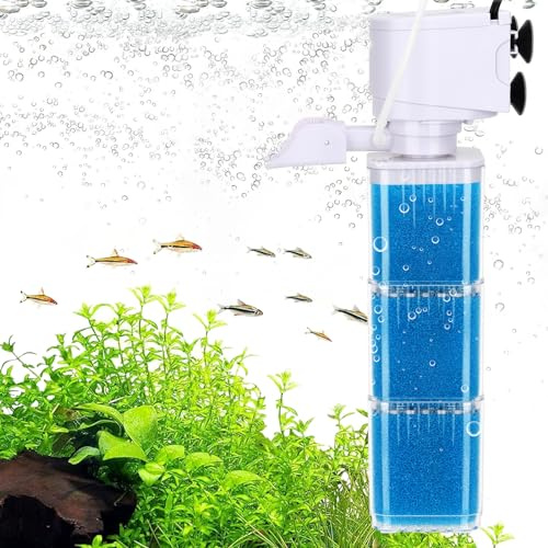 fishkeeper 4-in-1 Aquarium Innenfilter – Mehrstufige Filterung, Aquarium Filter mit Einstellbarer Durchfluss & Sauerstoff & Wavemaker, Wiederverwendbarer Filterschwamm Aquariumpumpe für Süß-/Salz