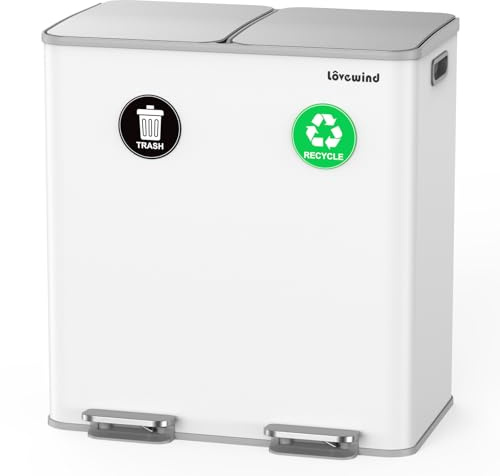 lovewind Cubo de Basura Cocina,2 X 30 L,2 Cubos,Pedal de Metal,Cubos ExtraíBles,Tapa con Bisagras, Cierre Suave, HerméTico, Acero Inoxidable, Blanco