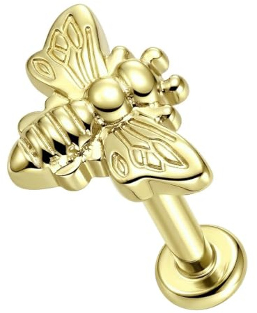AZARIO LONDON G23 Grade Titanium Plain Embossed Honey Bee Design Push Fit Top 18G, 16G 6mm, 7mm, 8mm, 9mm, 10mm Lip Labret - Tragus Bar Piercing - Labret Stud Helix - Tragus Earring