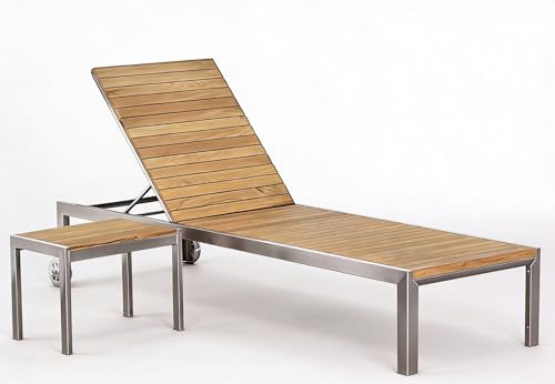 ALEOS. Designer Sonnenliege mit Tisch aus Edelstahl A-Grade Teak Holz Gartenliege Liege Strandliege, 5-Fach verstellbar, wetterfest, langlebig, mit Rollen, für Pool Terrasse, Outdoor