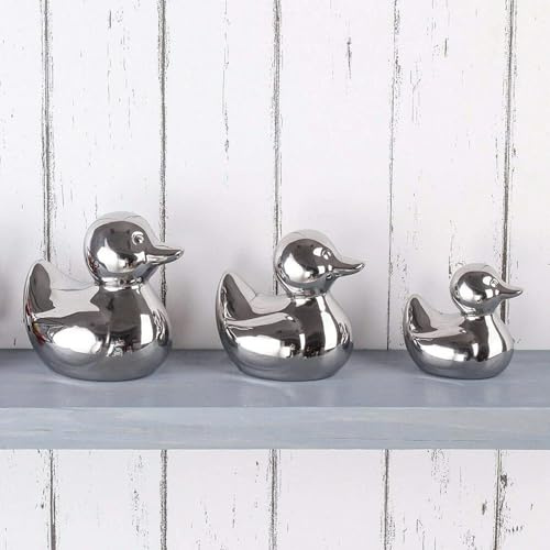 New Adorable Set Of 3 Silver Ceramic Duck Figurin Ducks, Decorative Animal Statues for Bathroom, Desktop, Bookshelf, Shelf, Bedroom, Kitchen & Home Décor-A76