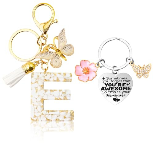 Molirex Porte Clé Lettre avec Papillon et Pampille Pendentif, Porte Clef Coeur avec Papillon et Fleur Pendentif, pour Sac à main Portefeuille Sac à Dos, Cadeau pour Femme et Fille, E