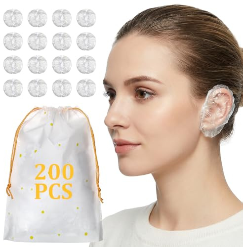 200 fundas desechables para orejas para ducha, para teñir el cabello, orejas de plástico transparente, gorros de ducha con elástico suave, talla única para adultos, con bolsa de almacenamiento con
