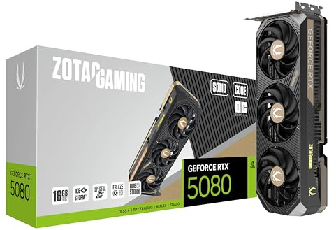 ZOTAC Gaming GeForce RTX 5080 Solid Core OC DLSS 4 16GB GDDR7 256-bit 30 Gbps PCIE 5.0 Tarjeta gráfica para Juegos, refrigeración Avanzada IceStorm 3.0, iluminación Spectra RGB, ZT-B50800J2-10A