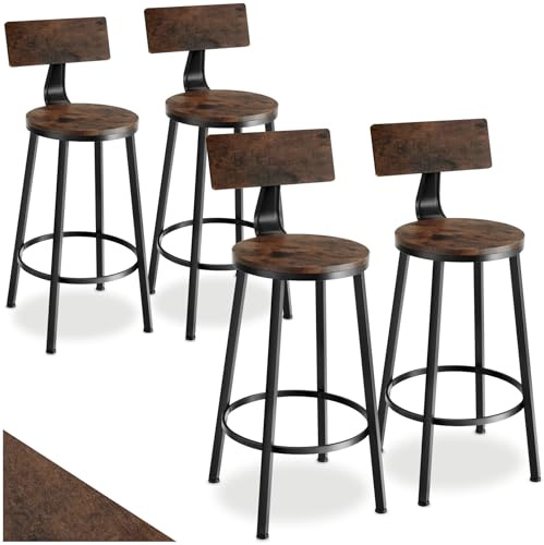 tectake® Set 4 Sgabelli da Bar, Altezza Regolabile, Schienali Grandi, Struttura in Acciaio, Seduta in Legno, Comodi, per Isola Cucinae bancone bar, Capacità 120kg - Legno Industriale Scuro