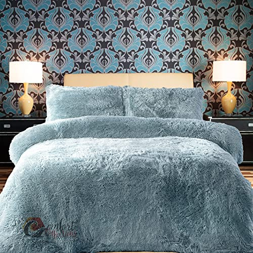 Comfort Collections Fleece Duvet Quilt Cover Teddy Bedding Set With Matching Pillowcase Warm and Cosy Mid Blue Single 135cm x 200cm Approximate