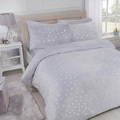Sleepdown Polka Dot Foil Fleece Grey Soft Warm Cosy Duvet Cover Quilt Bedding Set with Pillowcases - Double (200cm x 200cm), 5056242741237