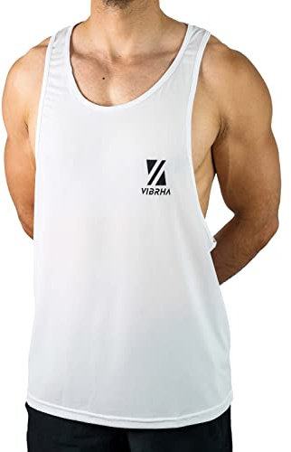 Vibrha Canotta Palestra Uomo Bodybuilding Bianco S Dorso a Vogatore - Canottiera Uomo Palestra, Canotta Allenamento, Zumba Abbigliamento, Abbigliamento Beach Volley