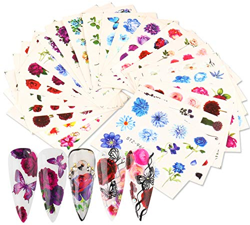MWOOT 24 Fogli Adesivi Misti per Unghie, Nail Art Water Transfer Sticker Home Decalcomanie per Manicure con Fiori per Le Donne Bomboniere per Le Unghie Fai-da-Te Decalcomanie