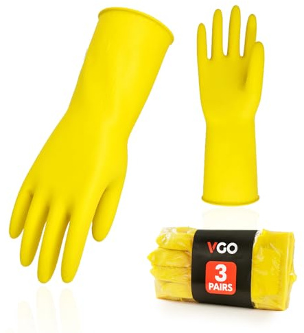 Vgo... 3Pairs Reusable Household Gloves,Rubber Dishwashing Gloves,Extra Thickness,Long Sleeves,Kitchen Cleaning/Working/Gardening(Size L,Yellow,HH4601,3Pairs)