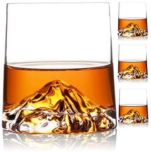 HCYCFY Stemless Wine Glasses Set of 4,8.5 oz Mountain Crystal Whiskey Glasses Gift for Birthday,Christmas, Wedding,Thanksgiving,Dad or Boyfriend on Father's Day