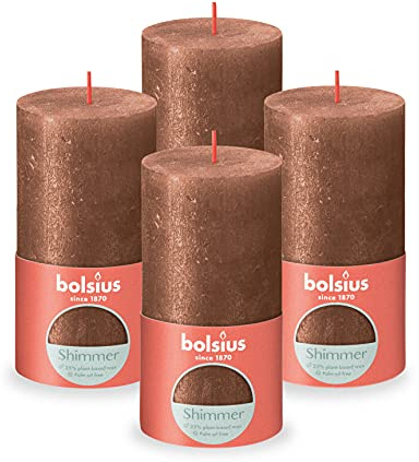 Bolsius Rustikale Stumpenkerze – schimmerndes Kupfer – 4 Stück – lange Brenndauer von 62 Stunden – Haushaltskerze – Innendekoration – geruchlos – inklusive natürlichem veganem Wachs – ohne Palmöl – 13