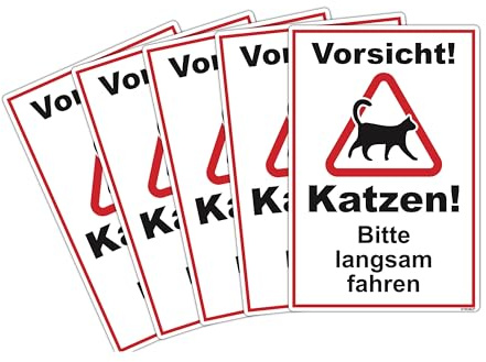 STROBO 5 Stück Vorsicht! Katzen! Bitte langsam fahren Hinweisschild | Stabile 3mm Hartschaumplatte als 30x20cm Schild mit UV-Schutz für den Außenbereich