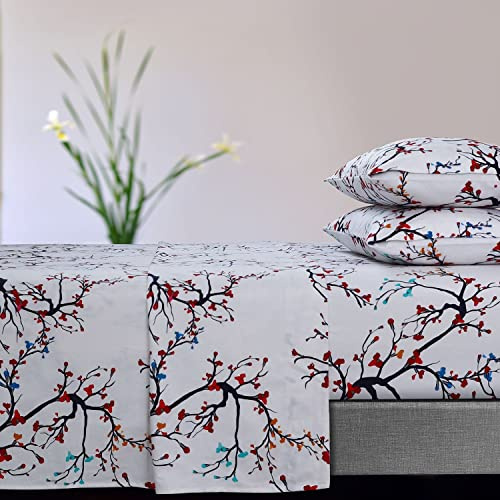 Tribeca Living Ultra-Soft Flannel Sheets Queen - 170-GSM Cotton, 4 Piece Deep Pocket Bed Sheet Set in Emilia Tree Red Print