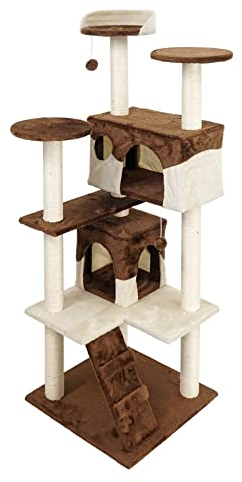 Wiltec Kratzbaum in Braun/Beige 130 cm hoch, Katzenkratzbaum mit Aussichtsplattformen, Kletterbaum mit Katzenhäusern, Katzenbaum mit Spielbällen