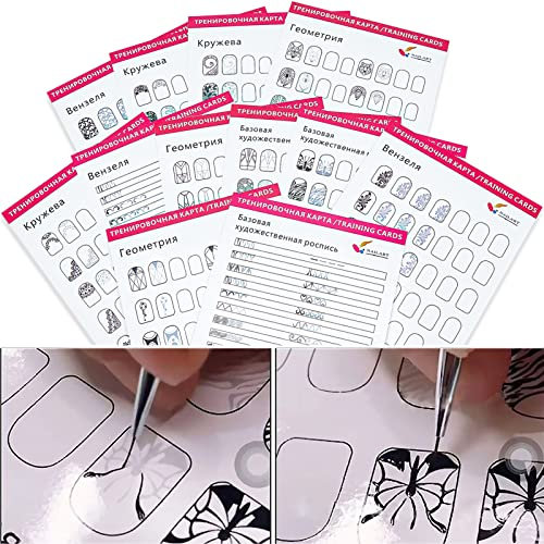 NICENEEDED 12 hoja de Libro de Práctica de Arte de Uñas, Tarjetas de Entrenamiento de Manicura Limpia para Pintura de Líneas para Principiantes, Libro de Aprendizaje de Plantilla de Pintura de Dibujo