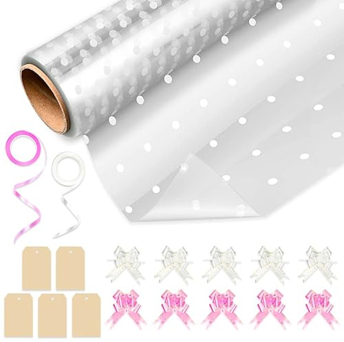 HURUC Dotted Cellophane Wrap for Hampers 40cmx30m with Large 10 Pull Bows 2 Ribbons & 5 Gift Tags, Florist Cellophane Wrap Rolls to pack Gifts Chocolate Flowers for Birthday, Anniversary, Wedding