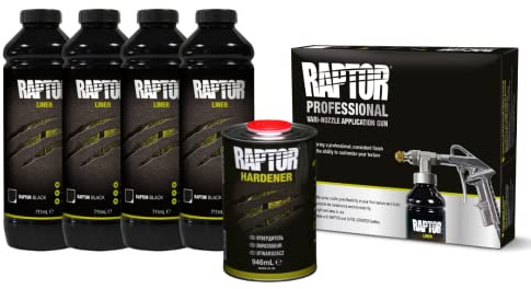 Raptor Beschichtung KIT, 4 Flaschen-Satz inkl. Härter 3,79 Liter, schwarz, mit Raptor Vari Nozzle Spritzpistole