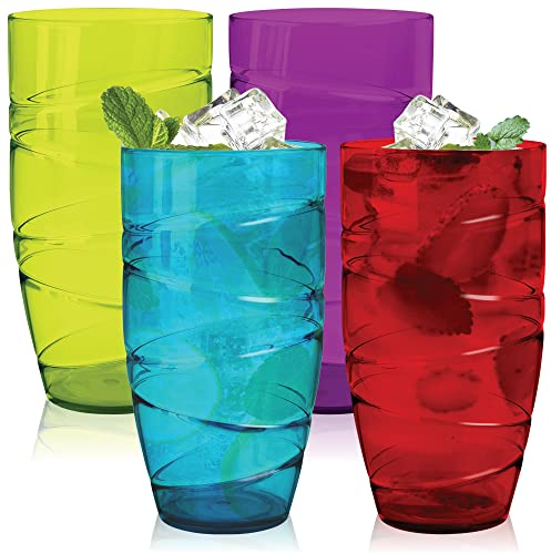 HEFTMAN Bicchieri Long Drink - Set di 4 Acrilico Bicchieri Colorati da 550 ml con Design a Spirale - Bicchieri in Plastica Rigida Lavabili Riutilizzabili per Picnic, Barbecue, Feste (4 Pezzi)