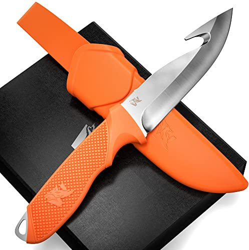 Wolfgangs WHUNTER 2 Jagdmesser feststehende Klinge mit Aufbrechhaken aus starkem D2 Stahl (Durchgängiger Erl) - Aufbrechmesser auch als Angelmesser - Survival Outdoor Messer mit robuster Scheide