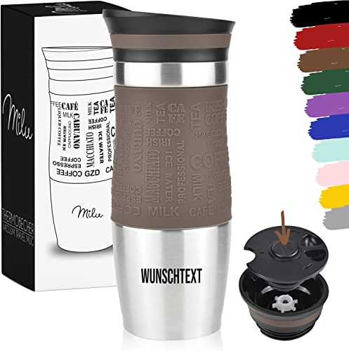 Milu Thermobecher 370ml mit Gravur - als Geschenk-Idee Ostern, Vatertag, Muttertag, Weihnachten, Einschulung, Liebesgeschenk, Geburtstag, Frauen und Männer Mama Papa Kinder (Braun + Gravur)