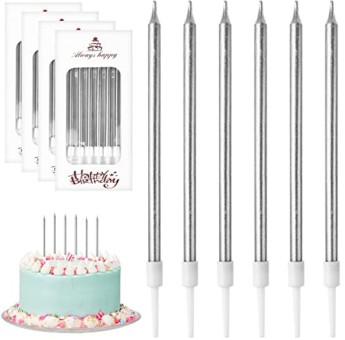 DONQL Birthday Candles 24Pcs, Birthday Cake Candles (Silver) | Tall Cake Candles, Long Thin Cupcake Candles with Holders for Birthday, Cake, Baby Shower Cake, Wedding Party Decoration