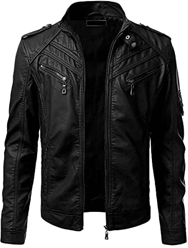 Chaqueta de Piel de Oveja Cuero para Hombre, Estilo Retro Vintage, Ropa Moto Motociclista, Negro Slim Fit, L