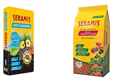 Seramis Torffreie, leichte Blumenerde, 12,5 l – extra lockere Pflanzenerde für Grün- und Blühpflanzen & Pflanz-Granulat für alle Zimmerpflanzen, 2,5 l – Pflanzen Tongranulat, Gelb