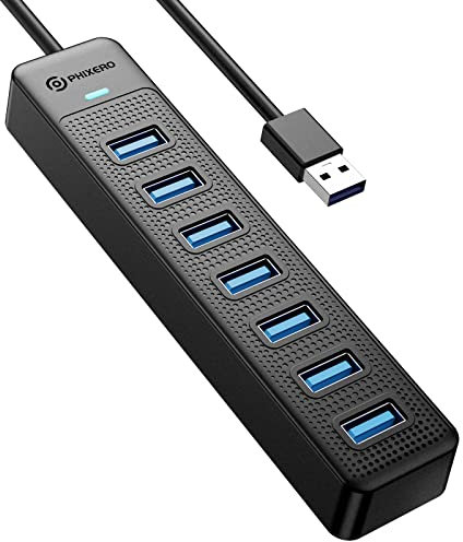 PHIXERO 7 Port USB Hub, USB 3.0 Hub Multi USB Port Hub, Portable USB Extension Hub, Compatible with All USB 3.0/2.0/1.1 Port Device