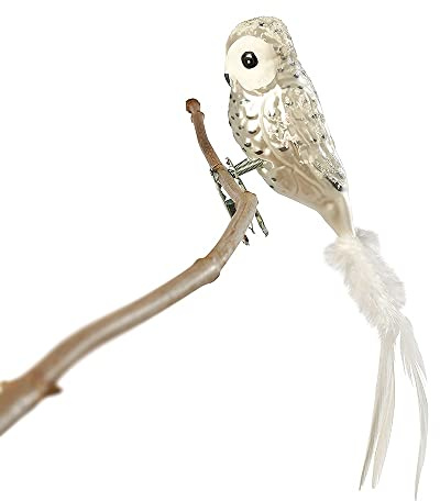 Birds of Glass® Glas-Vogel, Schneekauz mit Naturfeder, Glasschmuck Made in Germany aus eigener Herstellung, deko Vogel mit Clip, Glasvogel, echter Lauschaer Christbaumschmuck, für den Innenbereich