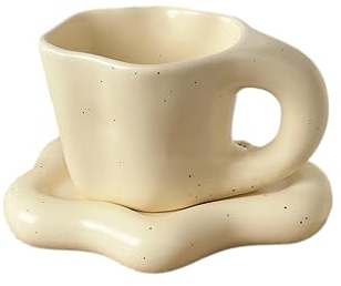 Tazze da caffè paffute in ceramica Kreeqe, tazze color crema e bianche, tazze a forma di nuvola, tazze carine e creative per latte, tè, caffè e altre bevande (set di tazza e piattino da 201-300 ml)