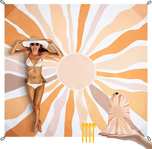 Stranddecke Sandfrei Wasserdicht, 200 x 220cm Extra Große Picknickdecke für 1-4 Personen, Leicht und Tragbar Strandmatte, Outdoor Decke mit 4 Heringen für Strand, Wandern, Reisen, Camping- Bohemian