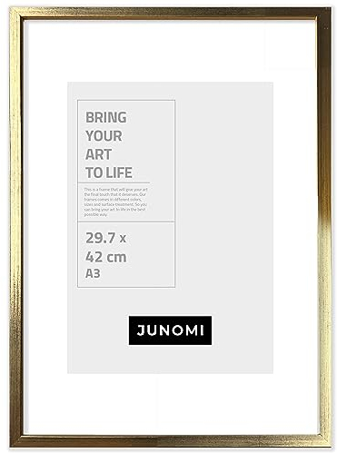 JUNOMI® Bilderrahmen DIN A3 (29,7x42 cm) Holz | Farbe Gold | Posterrahmen mit bruchsicherem Acrylglas | Hoch- & Querformat zur Wandmontage, schmales Profil