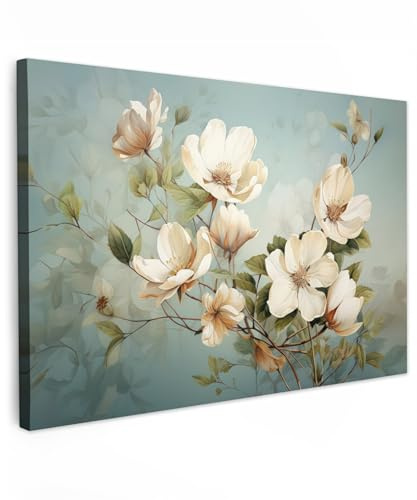 MuchoWow© Bilder Wohnzimmer Deko Modern Wandbild Foto auf Leinwand Bild | 90x60 cm - Schlafzimmer Room Decor Geschenke Vintage - Blumen - Weiß - Zweige - Natur