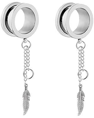 Lieson Ohr Tunnel Flesh, 2 Stück Edelstahl Tunnel Set Hohl Rund mit Lange Quaste Kette und Feder Anhänger 12mm Ohr Tunnel Silber