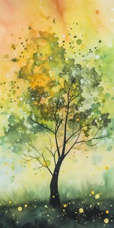 Acryl-Bild 40 x 80 cm: Aquarellmalerei eines Baumes auf der Wiese mit gelben Blättern. (202842308)