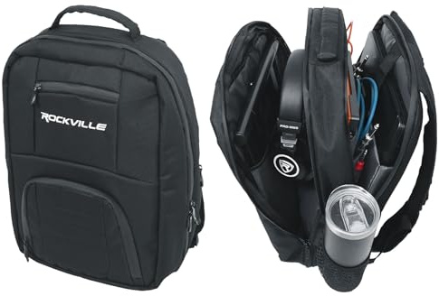 Rockville DJBP24 Robuster DJ-Rucksack, 11 Fächer, passend für zwei 17-Zoll-Laptops, YKK-Reißverschlüsse, wasserdichte Schiene, Gummifüße, für DJs, Musiker und Produzenten