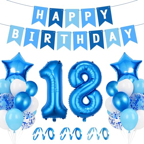 Luftballon 18. Geburtstag Blau, Riesen Folienballon Zahl 18, Happy Birthday Deko für Jungen 18 Jahre