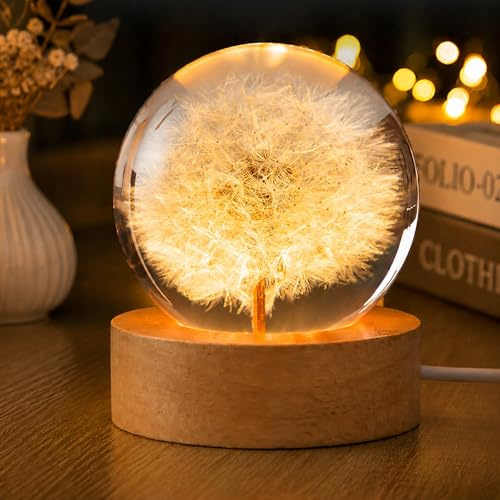 Kristallkugel Nachtlicht 6 cm mit USB Holzsockel, Echte Pusteblume Harzkugel, Löwenzahn LED Deko Lampe für Schlafzimmer Wohnzimmer, Geschenk für Frauen, Mama, Freundin, Geburtstag Weihnachten