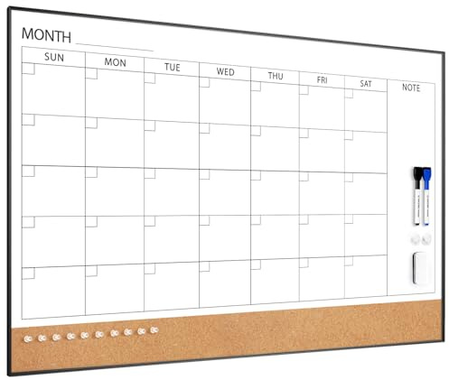ARCOBIS Calendrier effaçable à sec avec tableau en liège pour mur, 91,4 x 61 cm, tableau blanc magnétique avec cadre noir, tableau combiné mensuel pour l'école, la maison, le bureau
