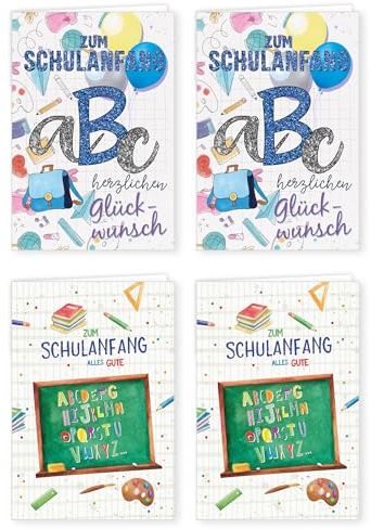PremiumLine Karte zum Schulanfang, 4 Stück mit Umschlag | Glückwunschkarte zur Einschulung | Grußkarte für Jungen und Mädchen | Klappkarte 11,5 x 17 cm