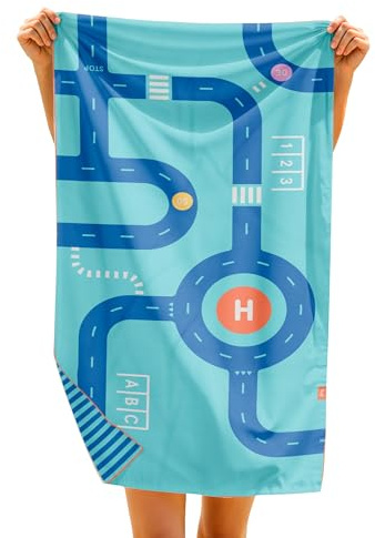 Quut – Strand-/Poolhandtuch für Kinder mit Spiel – Ultraschnell trocknende Mikrofaser, sandfrei – kompakt, leicht (Straße, M - 140 x 70cm)