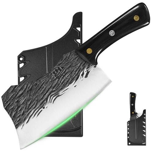 FULLHI Coltello da macellaio pesante Mannaia per carne Coltello da chef con guaine 2pcs in acciaio ad alto tenore di carbonio Taglio di carne per la casa, campeggio, barbecue (Nero, 19.5cm)