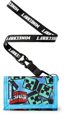 Minecraft Boys Strap Wallet | Blue Trifold Wallet with TNT Block and Creeper Graffiti Print for Kids | Childrens Cash & Card Holder Logo Strap | Mojang Video Game Merchandise Gift