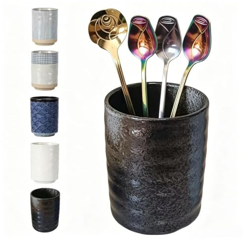 TOPYOKK Porte-ustensiles de bar en grès pour café, cuillère à thé et café et mélangeur pour mélangeur, paille, cuillère à café, cuillère, tasse, petit pot à ustensiles (noir rétro)